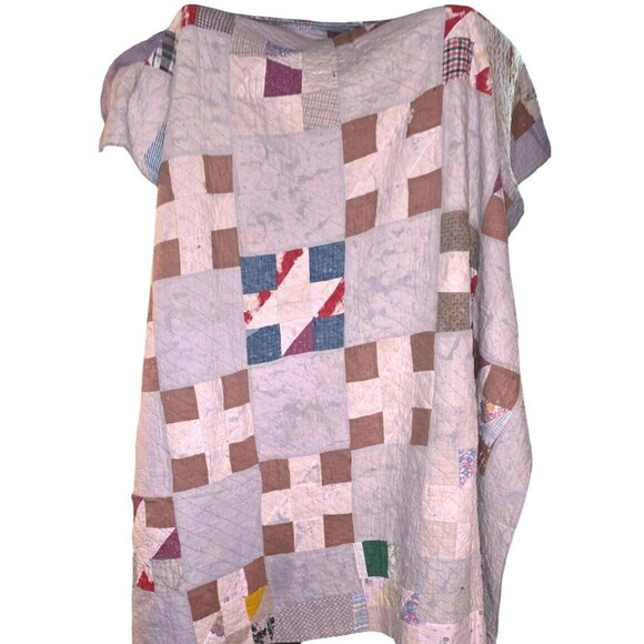 Antique Quilt Handmade Patchwork 70"x66" Multicolor Geometric Design Cotton READ - Picture 2 of 16